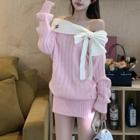 Off Shoulder Ribbon Knit Dress 2色