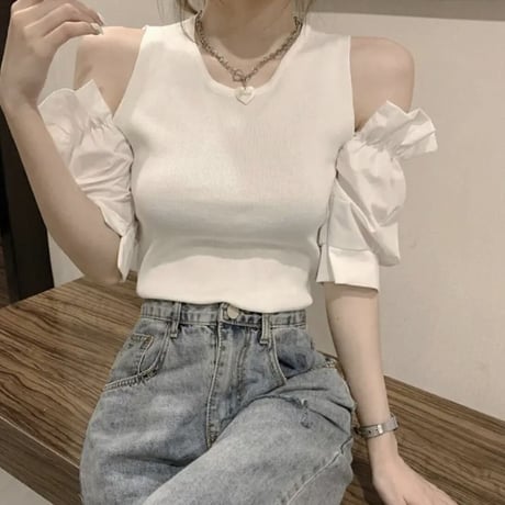 arm frill ドッキングニット トップス 3色
