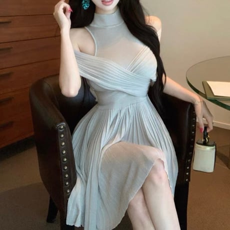 Mesh Shoulder Pleated Dress 2色