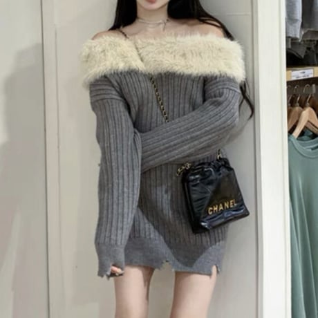 ファー付きダメージゆるニット