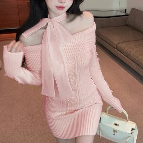 Ribbon Off Shoulder Knit Dress 3色