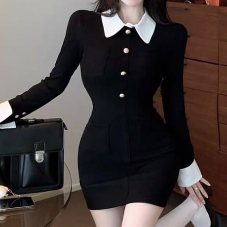 襟付きシンプルタイトblackワンピ