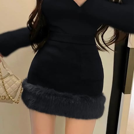 裾ファーポケット付きスカート2色