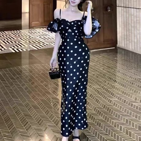 Dot frill off shoulder long dress 2色