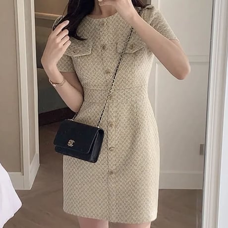 beige design 半袖ワンピ