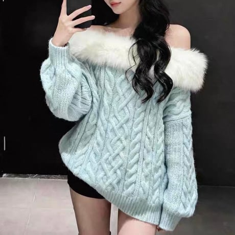Fur Collar Cable Knit 3色