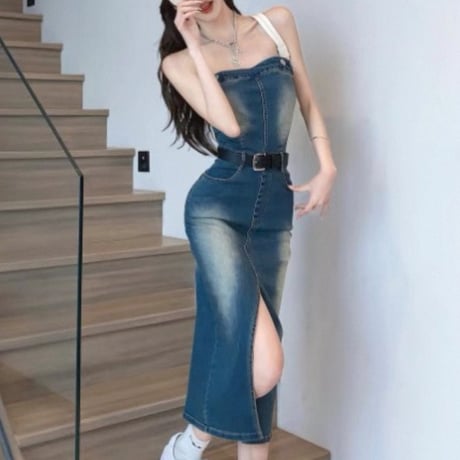 Denim slit long dress