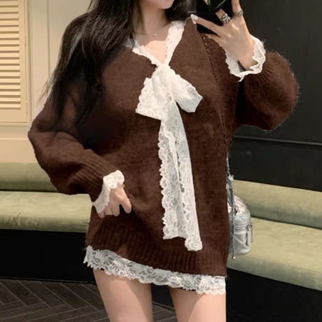 レース×ニットゆるトップス3色
