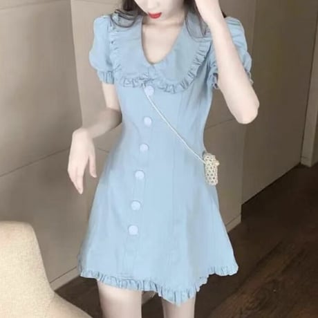 丸襟Blue半袖ワンピ