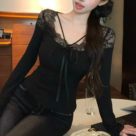 lace sexy長袖トップス 3色