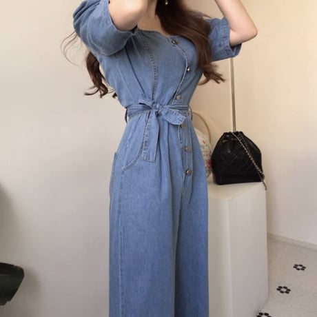 デニムリボンオールインワン