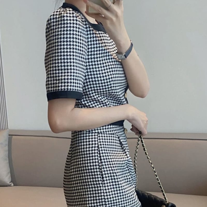 千鳥柄ゴールドボタンセットアップ | ecrea