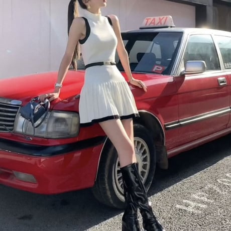 ベルト付きバイカラーハイネックワンピ