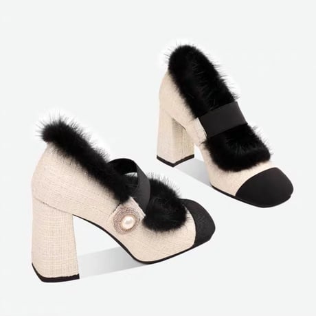 fur tweed perl shoes 2色
