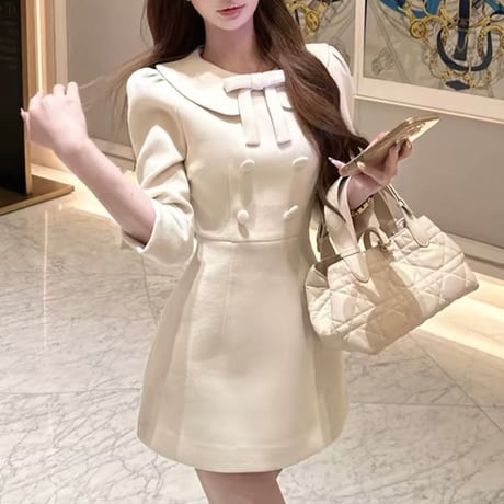 Ribbon Collar Double Button Dress
