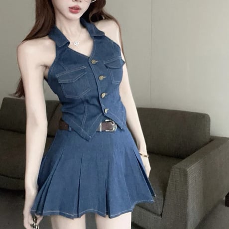 Denim Halter Pleated Set