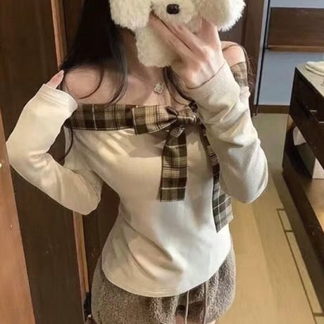 Plaid Ribbon Off Shoulder Knit Top 2色