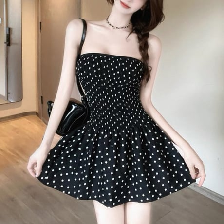 Dot Shirring Tube Dress