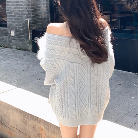 Off Shoulder Fur Knit Onepiece 2色