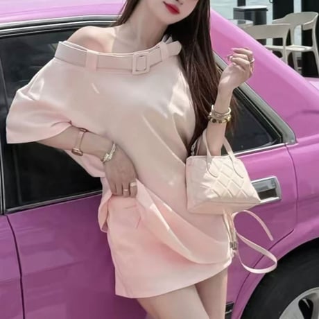 Belted Satin Off Shoulder Set 2色