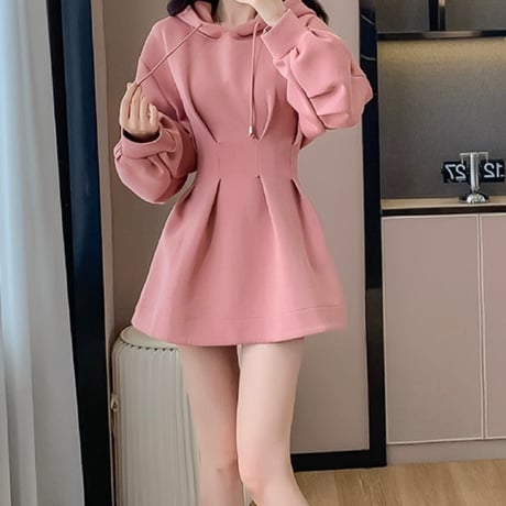 pink フード付き スウェットワンピ