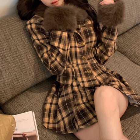 チェック×ファー brown セットアップ