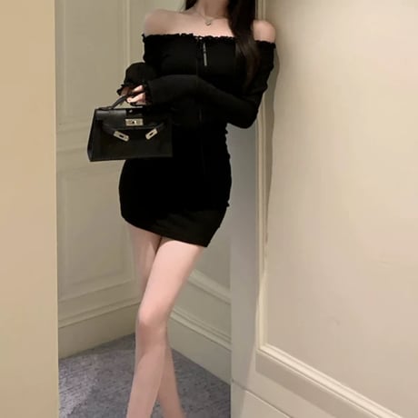 black リボン 長袖オフショルワンピ