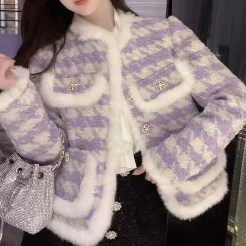 パープル千鳥柄ファーコート | ecrea