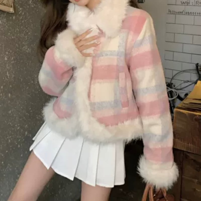 ピンクチェックファーコート | ecrea