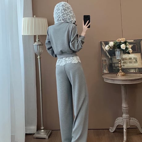Lace Trim Zip Hoodie Set