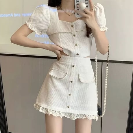 レース付きgirly 半袖セットアップ2色