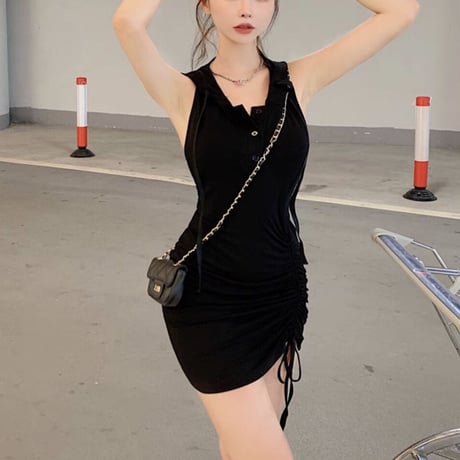 背中あきフード付きワンピ 2色