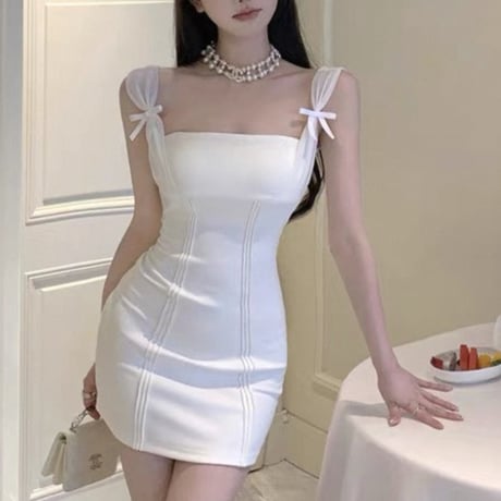 Shoulder Ribbon Mini Dress 2色