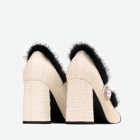 fur tweed perl shoes 2色