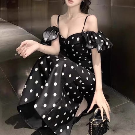 Dot frill off shoulder long dress 2色