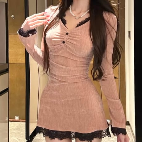 lace ドッキング長袖ワンピ 4色