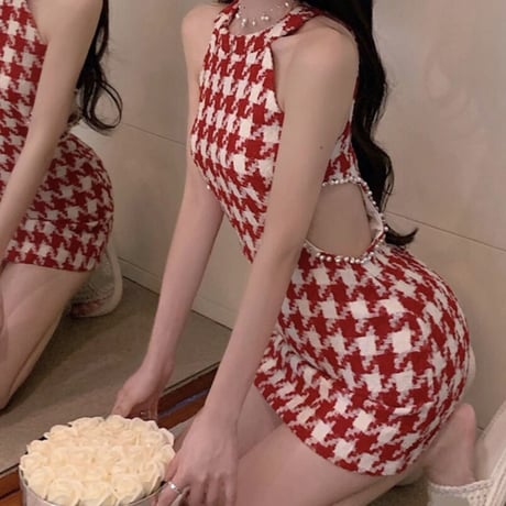 千鳥柄RED ウエストチラ見えワンピ