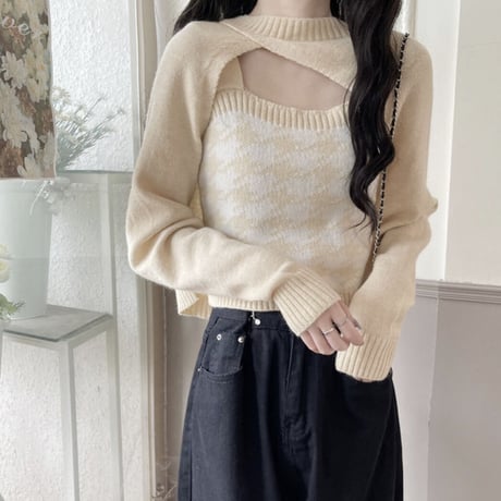 ちゃむこ様ご着用♡千鳥柄ニットキャミ＋スリーブセット4色