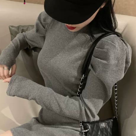 ニットパフ袖シンプルワンピ 2色