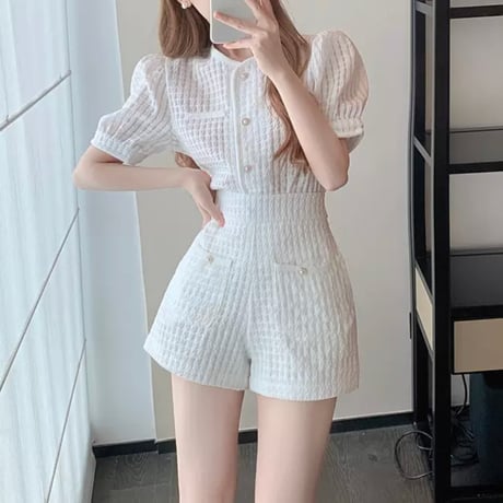 あやち様ご着用パフスリ パールボタンセットアップ 2色