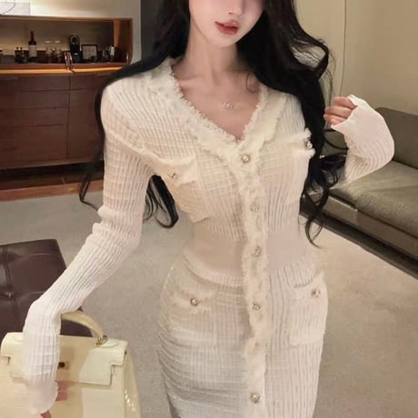 Elegant Tweed Knit Dress 4色