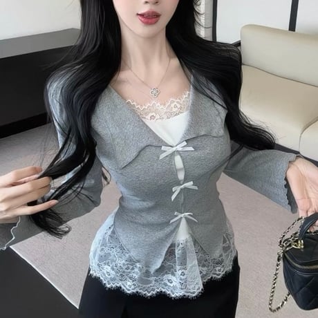 Ribbon Lace Layered Knit Top 5色