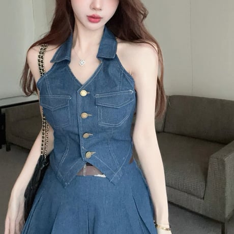 Denim Halter Pleated Set