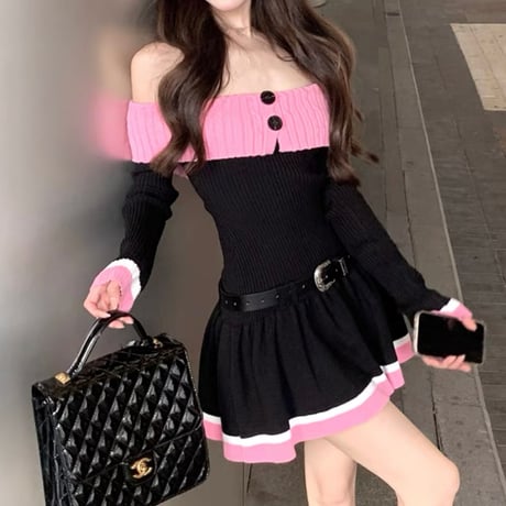 pink×black バイカラーニットワンピベルト付き