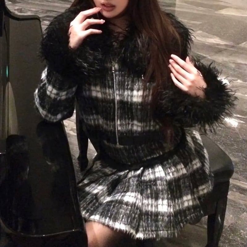 ブラックファー付きチェックセットアップ | ecrea