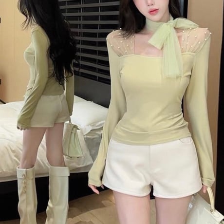 Sheer Ribbon Tie Blouse 4色