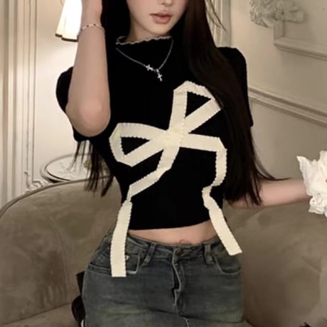 リボンデザイン半袖トップス