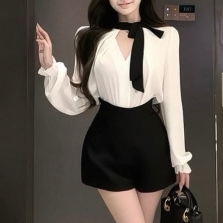 Ribbon Neck Blouse & High Waist Shorts Set