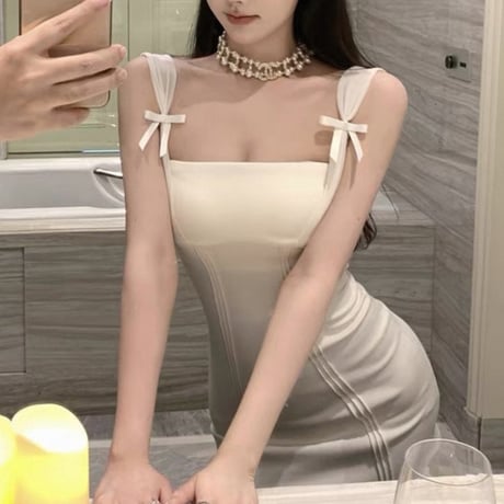 Shoulder Ribbon Mini Dress 2色