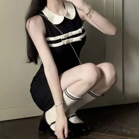 丸襟フロントリボンワンピ